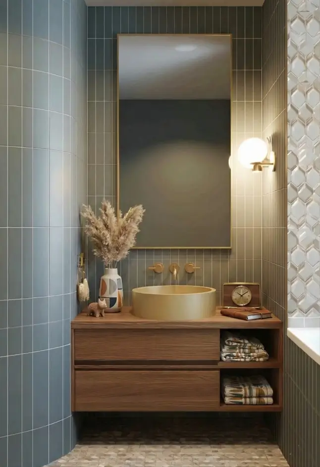 43 Mid Century Modern Small Bathroom Ideas for a Timeless Oasis (2025) 19 Gold vessel sink on floating teak vanity with curved blue tiled wall.