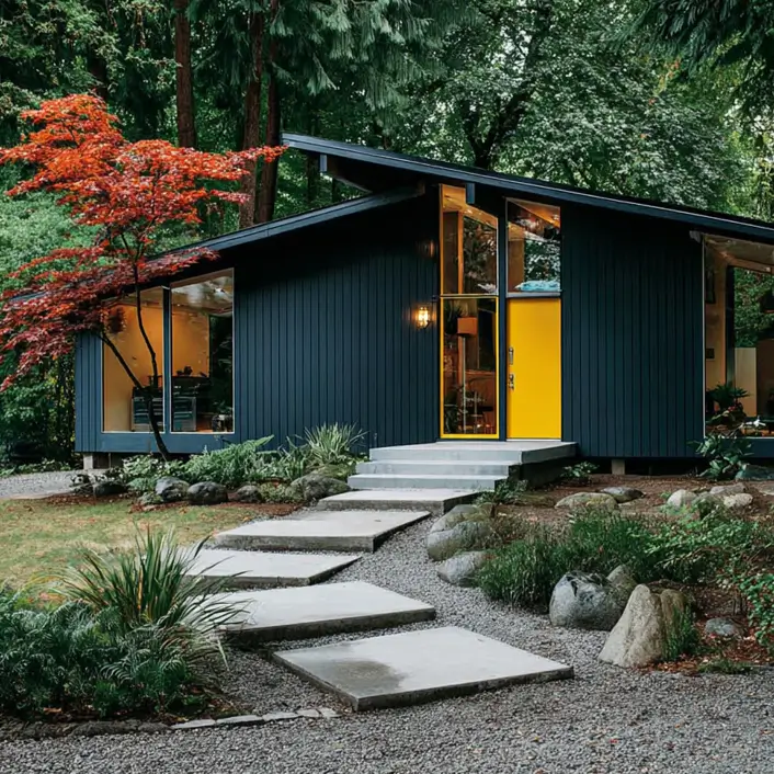 37 Mid Century Modern House Exteriors to Inspire Your Renovation 19 A mid-century modern home exterior with dark blue-gray siding, a bright yellow door, and a sloped roof in a wooded setting.
