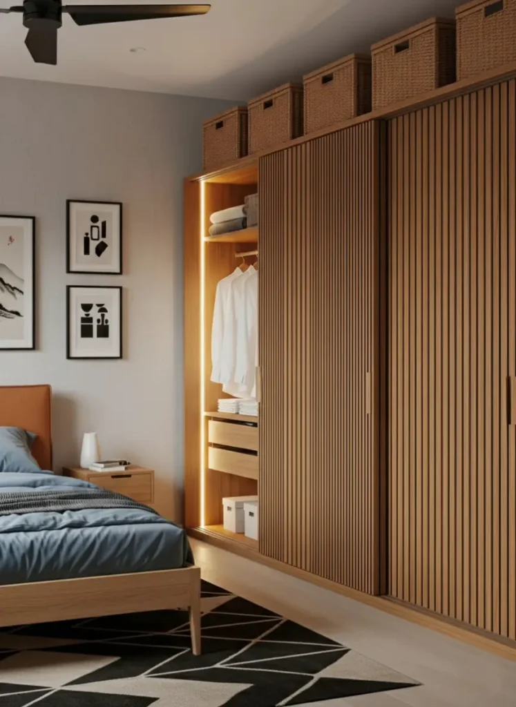 A Japandi bedroom with vertical wood slat wardrobes, a simple bed frame, and a graphic rug.