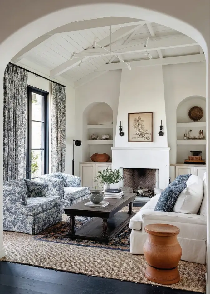 46 Modern Mediterranean Living Room Design Ideas 19 Classic Mediterranean living room decor with blue and white toile fabric armchairs.