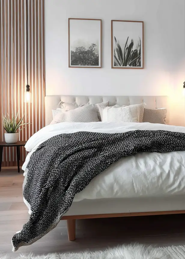 47 Scandinavian Bedroom Interior Design Ideas for a Serene Retreat 19 A modern Scandinavian bedroom with a tufted headboard, wood slat screen, and a black and white knit throw.