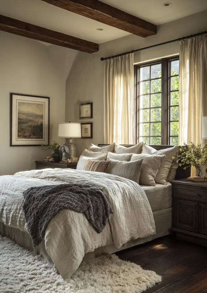 Modern Tudor Interior Design: A Definitive Guide 19 A serene Tudor-style bedroom with rustic ceiling beams, textured plaster walls, and layered neutral linen bedding.