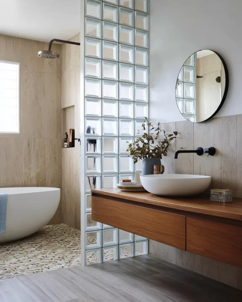 46 Scandinavian Bathroom Design Ideas for a Serene Sanctuary 19 Glass block partition wall separating bathtub from wooden vanity in a modern bathroom.