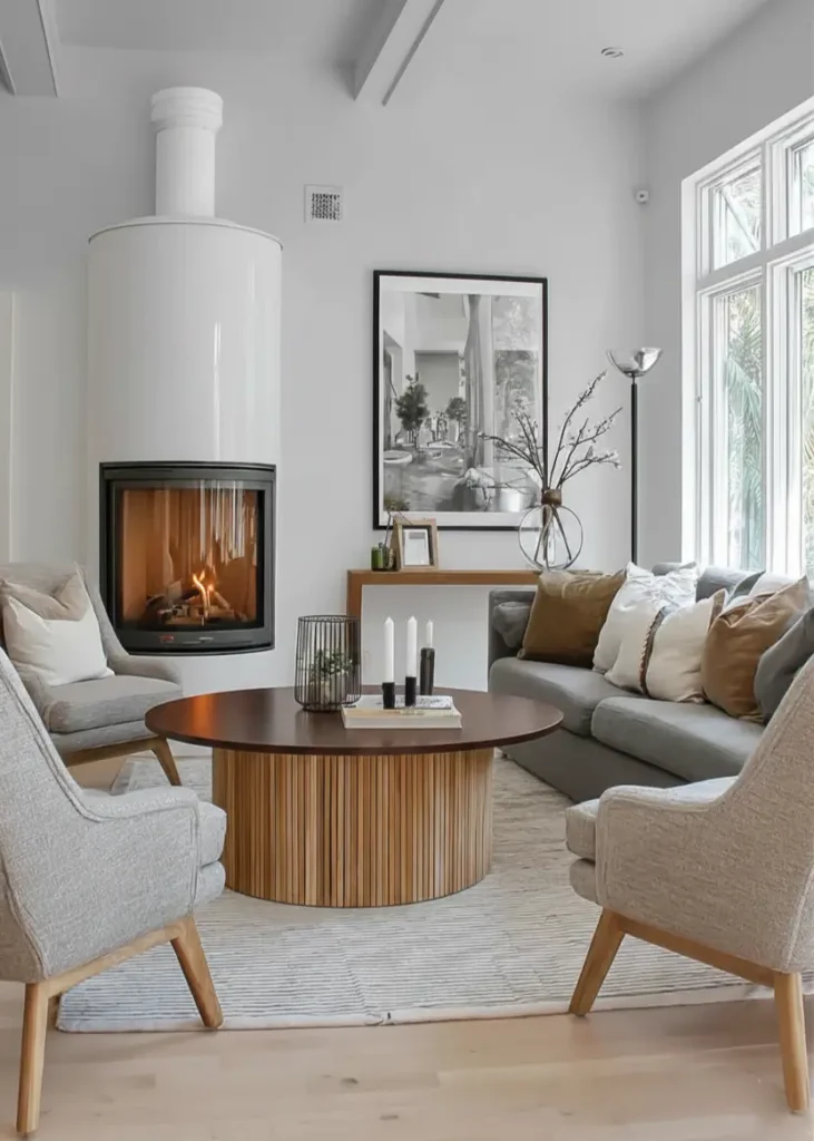 35 Scandinavian Living Room Ideas for a Cozy, Minimalist Home 19 White contemporary cylindrical wood stove fireplace in a grey Scandinavian living room with round wood coffee table.