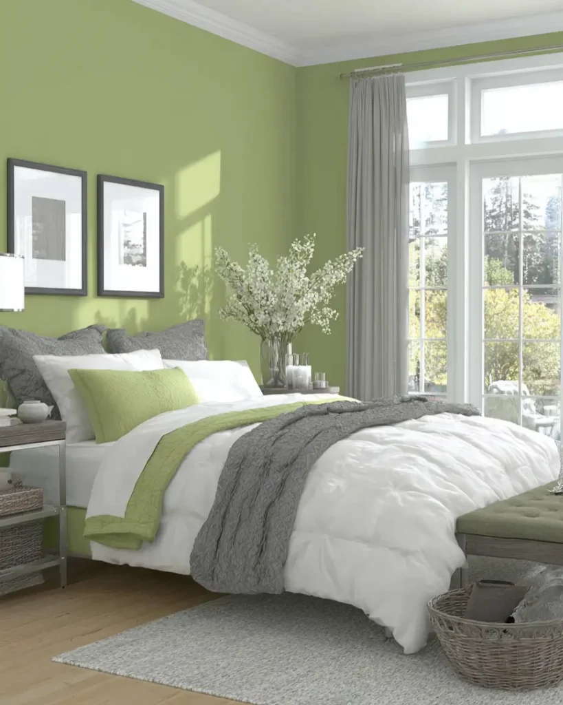 Fresh bedroom with bright spring green paint on the walls, balanced by gray and white bedding.