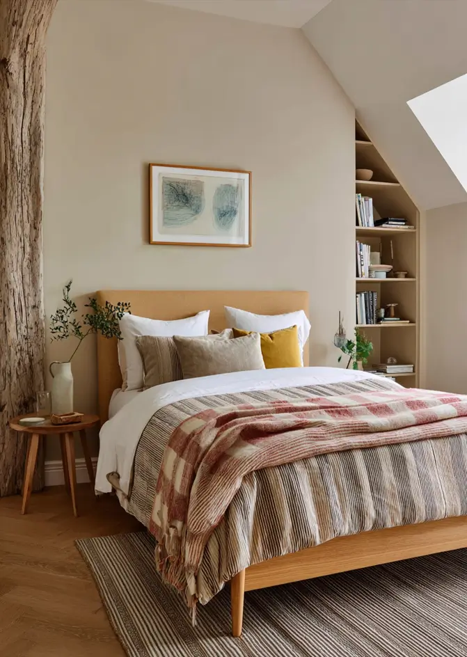 47 Scandinavian Bedroom Interior Design Ideas for a Serene Retreat 20 Scandinavian design bedroom with warm beige walls, a rustic wood beam, and layered plaid and striped bedding.
