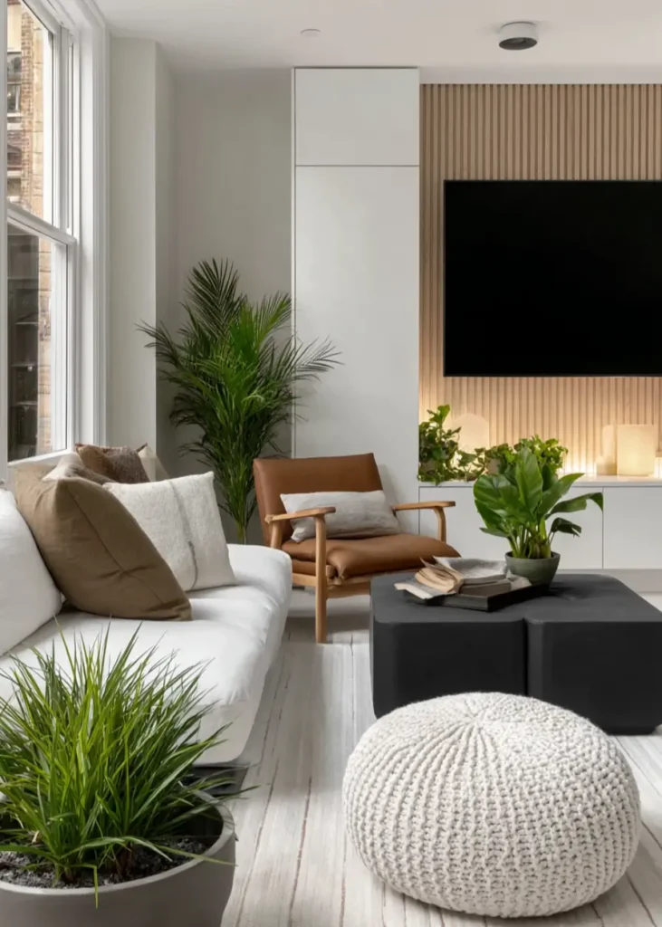 A contemporary Scandinavian living room with a wood-slat media wall, a white sofa, and a brown leather armchair.