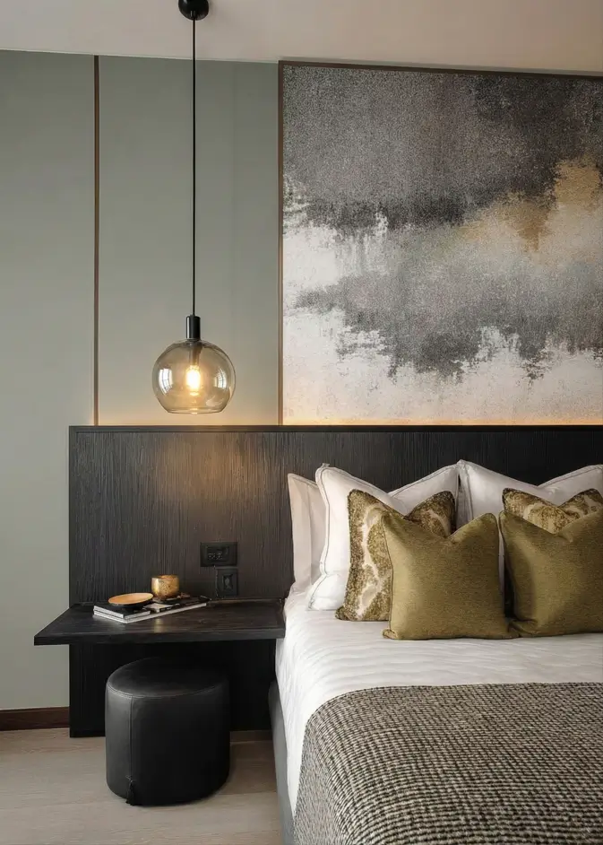 49 Headboard Design Ideas That Instantly Elevate Your Bedroom 20 Dark wood horizontal headboard panel with integrated backlighting and floating nightstand shelf.