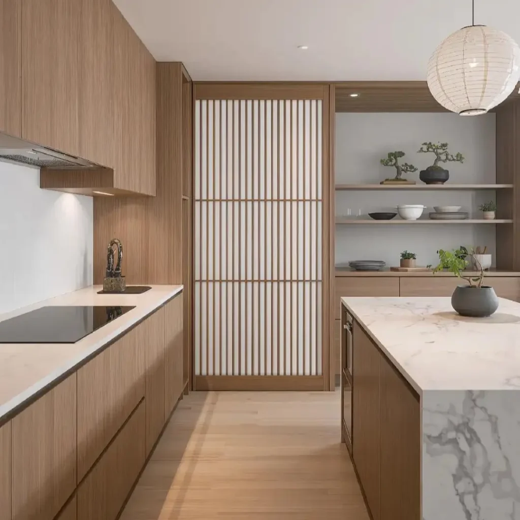 A Japanese kitchen design with light wood cabinets, a shoji screen, a marble island, and a paper lantern.