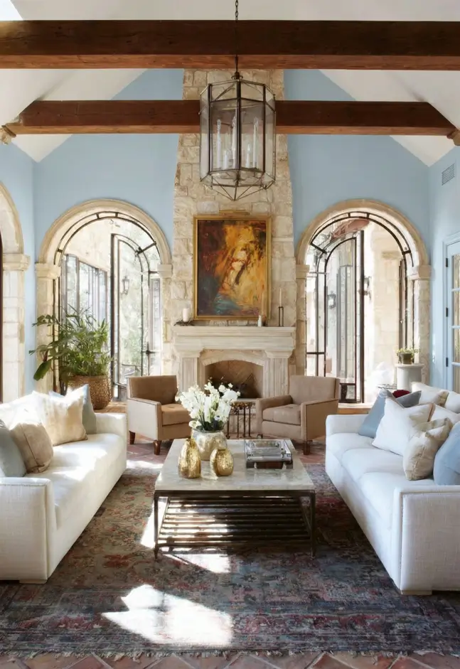 46 Modern Mediterranean Living Room Design Ideas 20 Serene Mediterranean living room design with soft blue walls and iron arched doors.