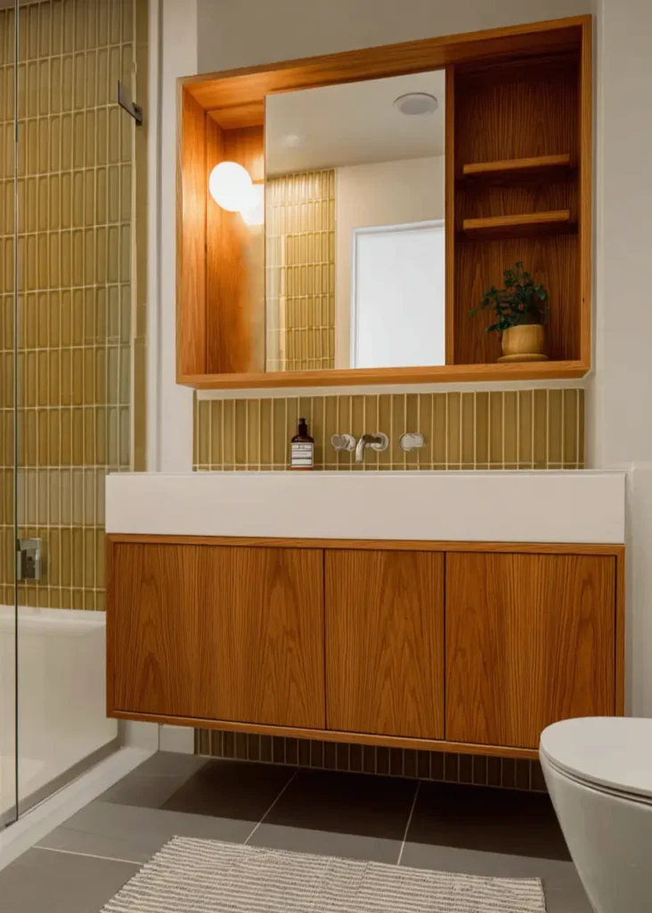 43 Mid Century Modern Small Bathroom Ideas for a Timeless Oasis (2025) 20 Custom wood medicine cabinet with vertical golden tiles in a compact retro bathroom.