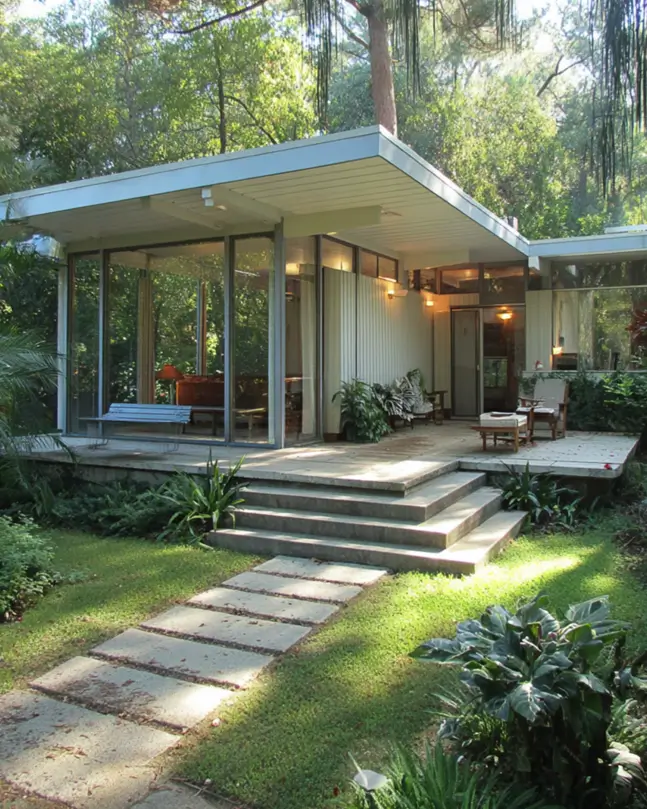 37 Mid Century Modern House Exteriors to Inspire Your Renovation 20 A mid-century modern house exterior with white vertical siding, a flat roof, and glass walls, set in a lush garden.