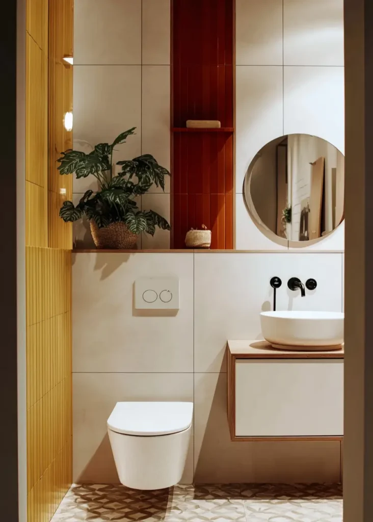 46 Scandinavian Bathroom Design Ideas for a Serene Sanctuary 20 Vertical strip of orange tiles with niche behind a white toilet in a modern bathroom with patterned floors.