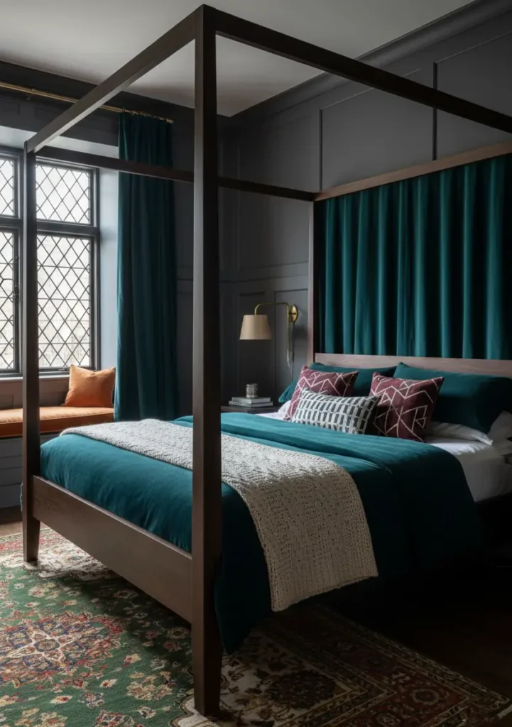 Modern Tudor Interior Design: A Definitive Guide 20 A moody, modern Tudor bedroom with dark teal walls, a diamond-pane leaded-glass window, and a dark wood canopy bed.
