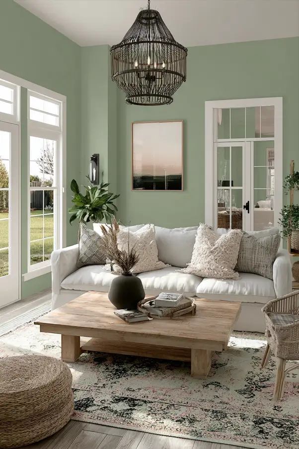 Rustic-chic living room with earthy sage green interior paint, a white sofa, and a large wood coffee table.