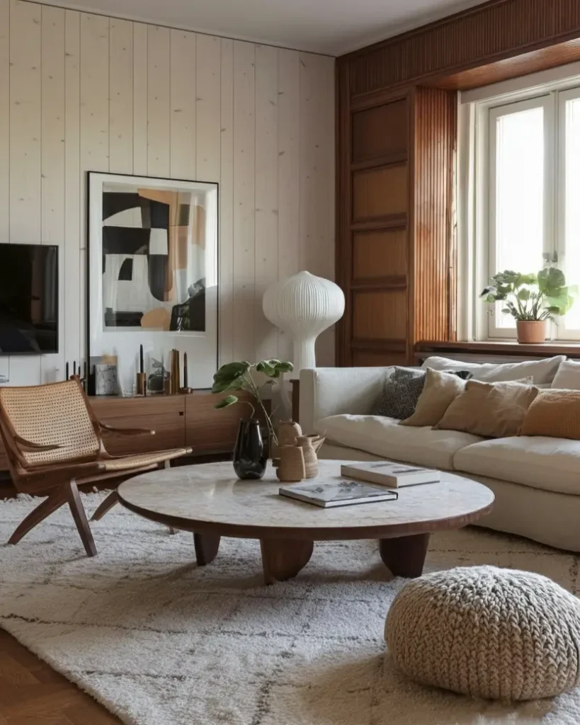 35 Scandinavian Living Room Ideas for a Cozy, Minimalist Home 20 Warm wood contrasts with white wall paneling and dark window trim in a Scandinavian living room with cane chair.