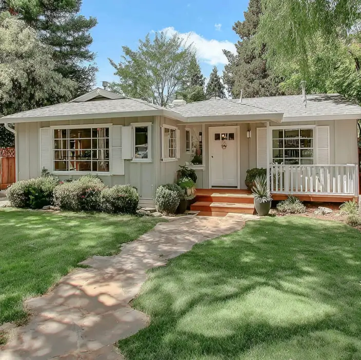 A classic ranch home with neutral siding, white trim, and a small wooden porch.