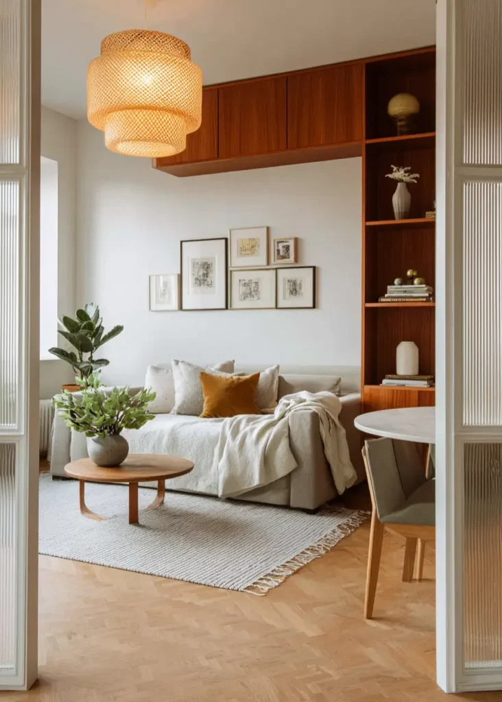 A contemporary Scandinavian living room with a mid-tone wood built-in shelving unit, a neutral sofa, and a rattan pendant light.