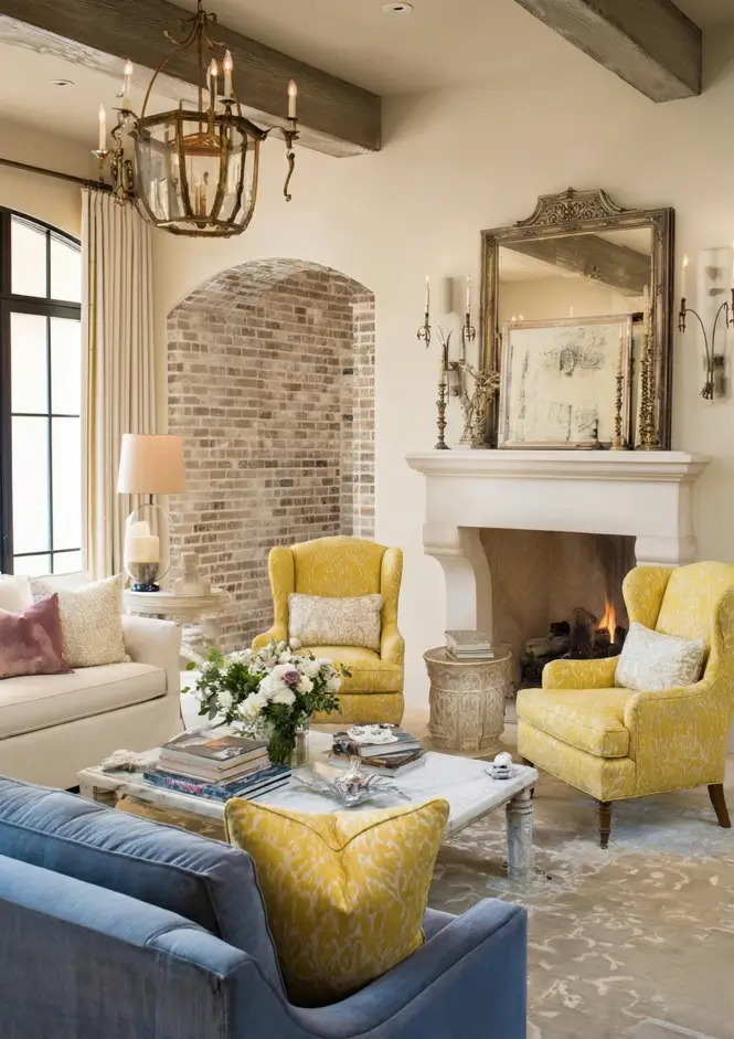 46 Modern Mediterranean Living Room Design Ideas 21 Eclectic Mediterranean living room with lemon yellow wingback chairs and brick archway.