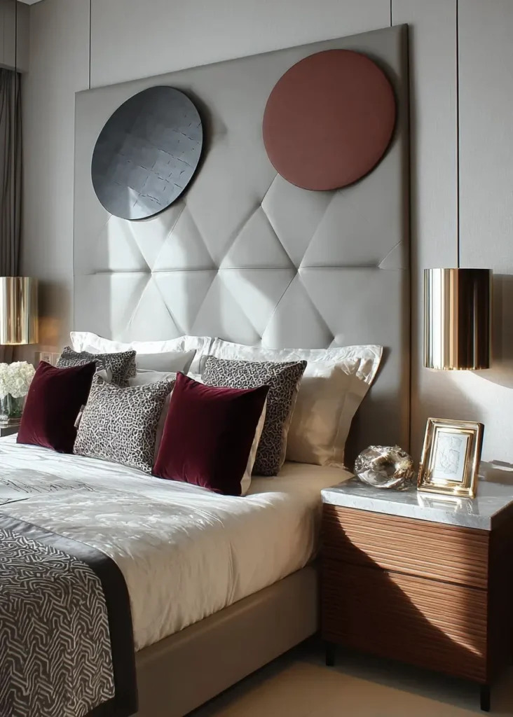 49 Headboard Design Ideas That Instantly Elevate Your Bedroom 21 Grey geometric diamond-quilted headboard with mounted circular art sculptures and gold pendant lights.