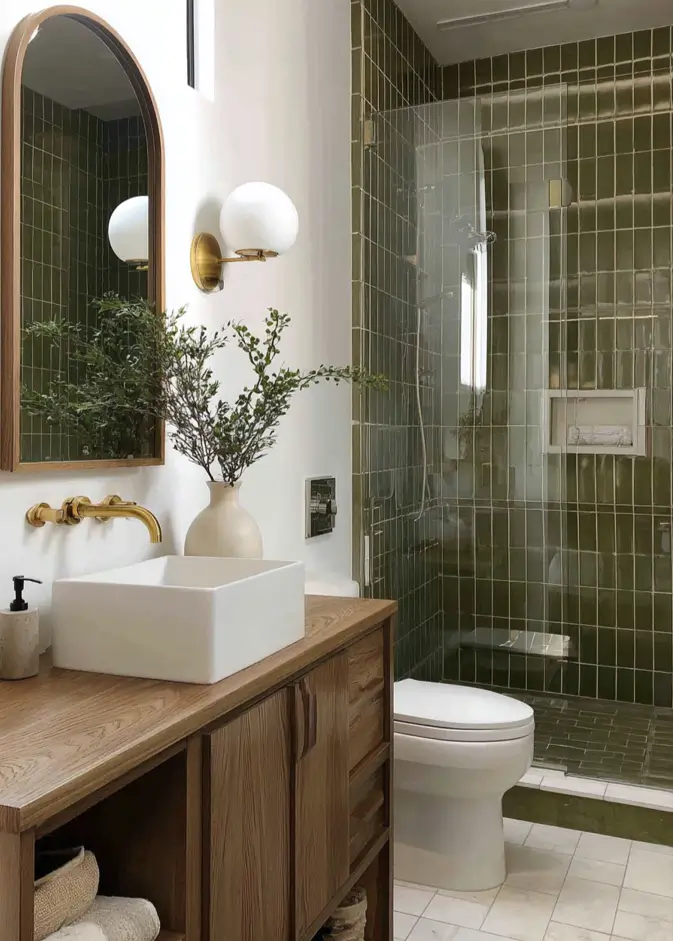 43 Mid Century Modern Small Bathroom Ideas for a Timeless Oasis (2025) 21 Wood vanity with white vessel sink and green vertical shower tiles in a retro bathroom.