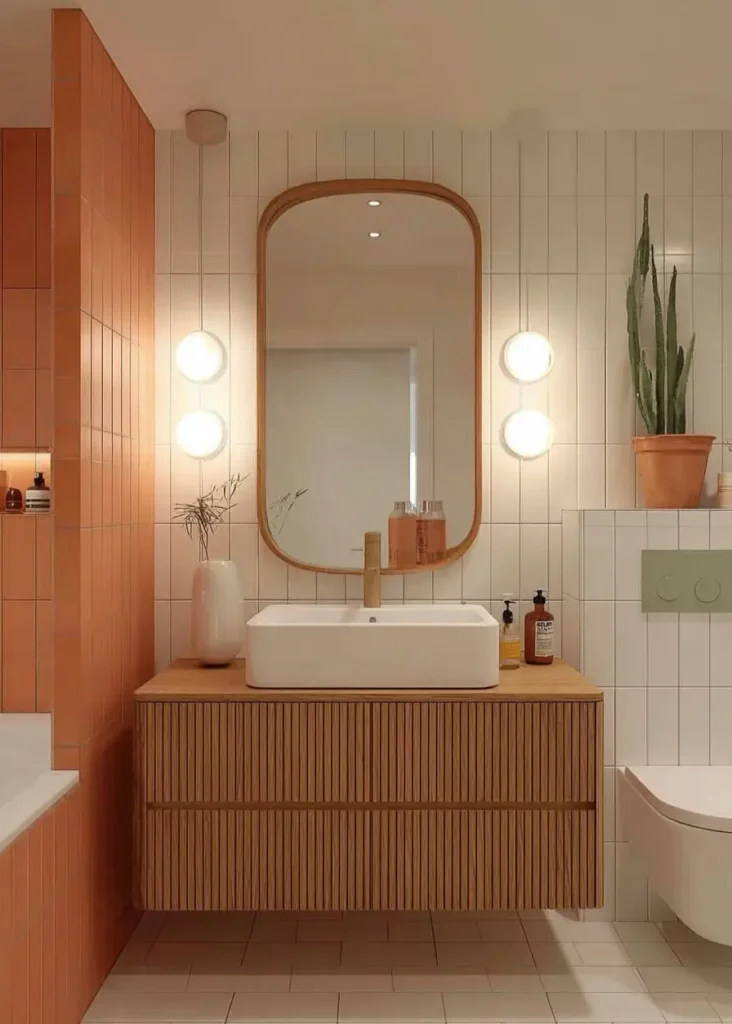 46 Scandinavian Bathroom Design Ideas for a Serene Sanctuary 21 Reeded wood floating vanity with vessel sink and salmon vertical wall tiles.