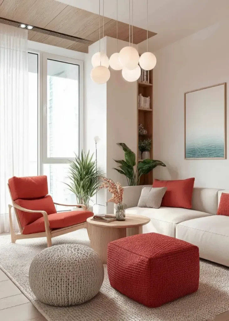 35 Scandinavian Living Room Ideas for a Cozy, Minimalist Home 21 Vibrant red armchair and matching ottoman adding color blocks to a white Scandinavian living room.