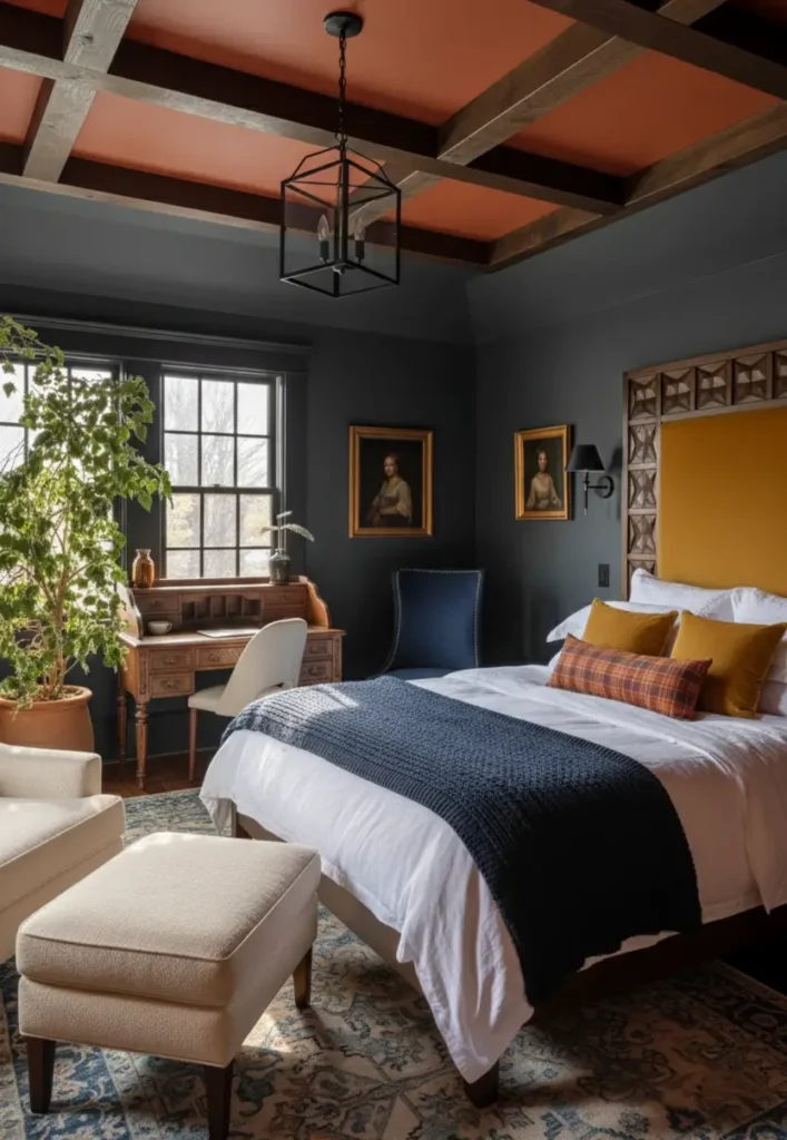 Modern Tudor Interior Design: A Definitive Guide 21 A sophisticated bedroom with dark gray walls and a coffered ceiling, featuring a modern, rust-colored painted inset.