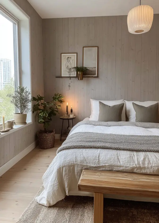 47 Scandinavian Bedroom Interior Design Ideas for a Serene Retreat 21 Scandinavian bedroom interior design with grey-washed wood paneled walls, a jute rug, and olive green pillows.