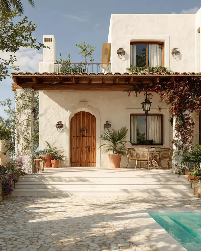 38 Small Mediterranean-Style Homes That Define Coastal Charm 21 Small Mediterranean-style home poolside villa with a rustic wood pergola, white stucco, and rattan outdoor seating.