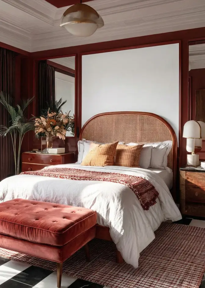 49 Headboard Design Ideas That Instantly Elevate Your Bedroom 4 Arched rattan and wood headboard centered on a white and burgundy paneled wall.