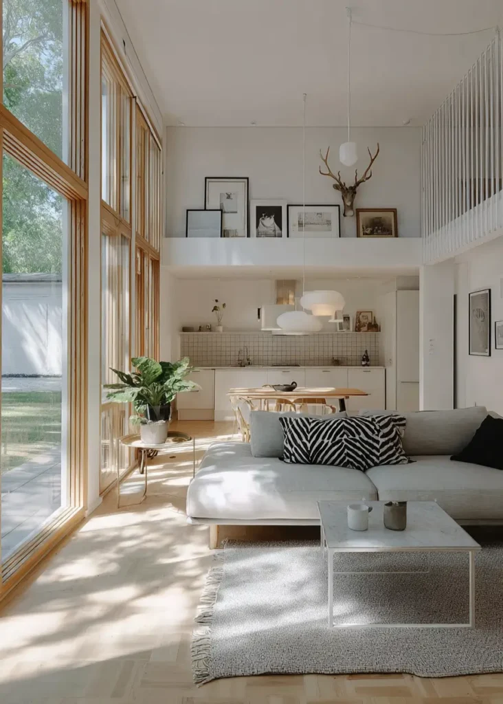 A bright contemporary Scandinavian living room featuring a wall of windows, a mezzanine level, and a light grey sofa.
