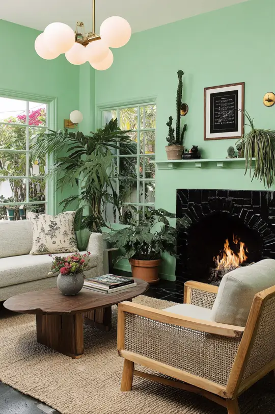 Bright living room with energetic mint green paint, a striking black fireplace, and natural wood furniture.