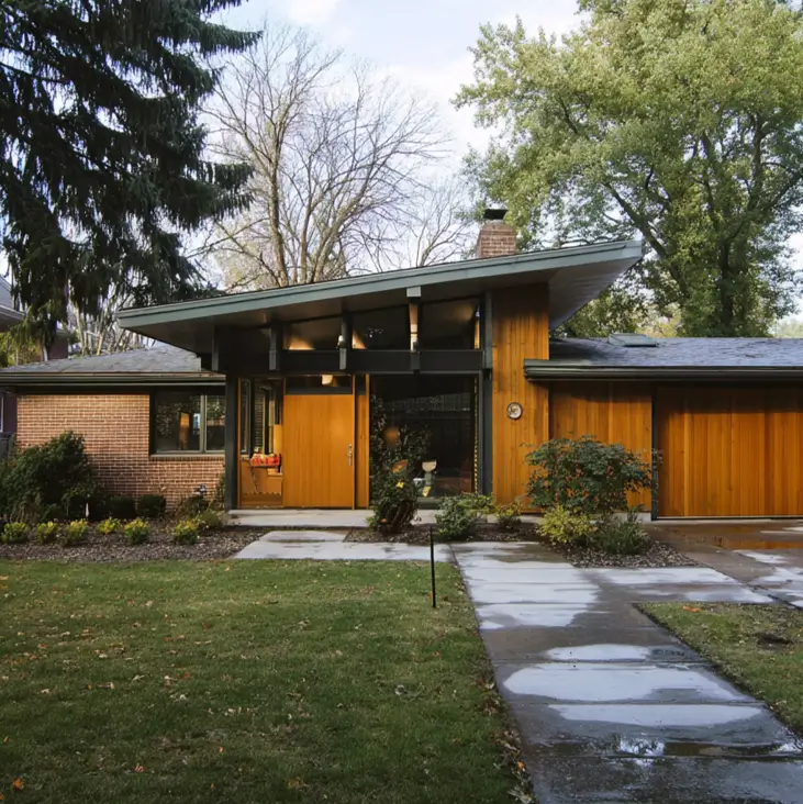 37 Mid Century Modern House Exteriors to Inspire Your Renovation 4 A mid century modern home exterior with a sloped roof, featuring a mix of natural wood siding and red brick.