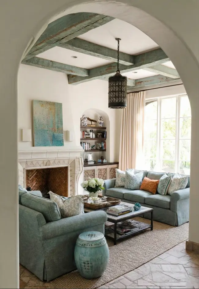 46 Modern Mediterranean Living Room Design Ideas 4 Modern Mediterranean living room featuring painted teal beams and arched entryways.