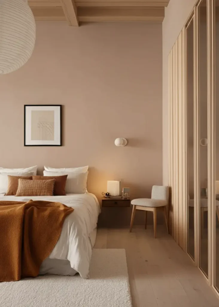 47 Scandinavian Bedroom Interior Design Ideas for a Serene Retreat 4 A modern Scandinavian bedroom with warm rose-beige walls, a rust-colored throw blanket, and a large mirrored wardrobe.