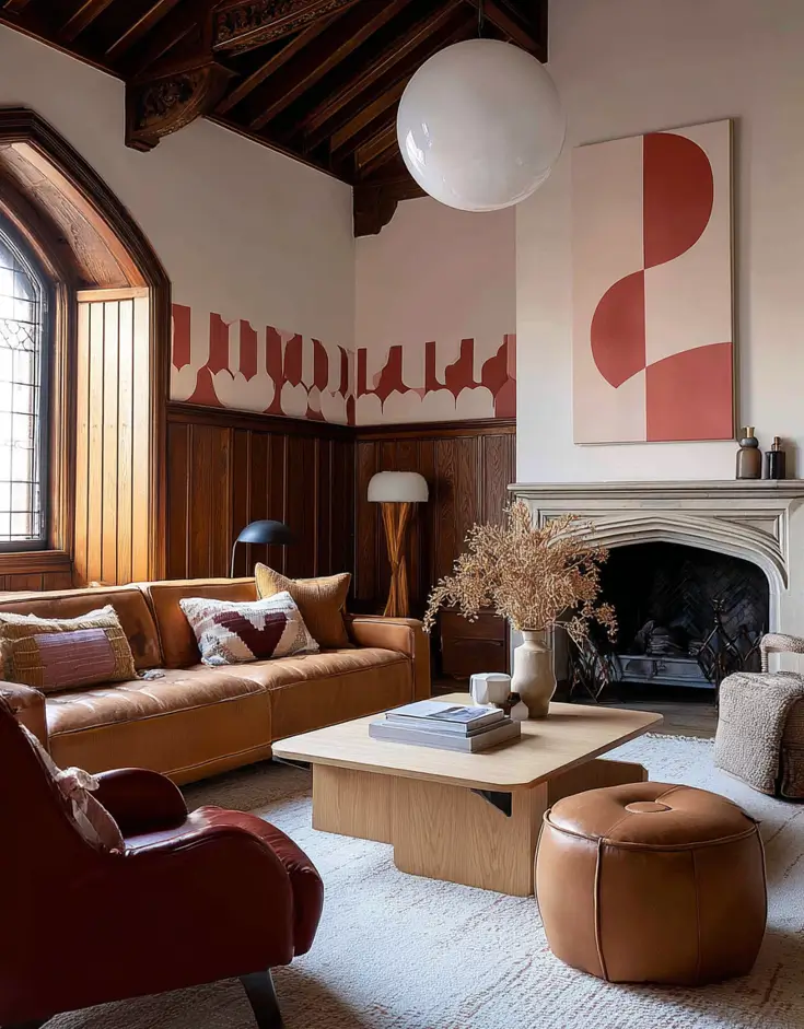 Modern Tudor Interior Design: A Definitive Guide 4 Modern Tudor interior with wood-paneled walls and a stone fireplace, contrasted by large-scale abstract art.