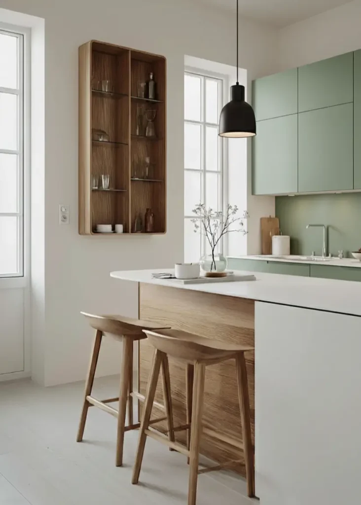 Sage green Scandinavian kitchen interior design featuring oak bar stools and wall-mounted shelving.