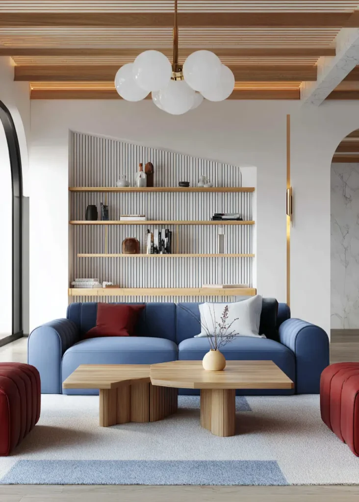 35 Scandinavian Living Room Ideas for a Cozy, Minimalist Home 4 Modern blue sofa and red ottoman adding bold color accents to a Scandinavian living room with wood beam ceiling.