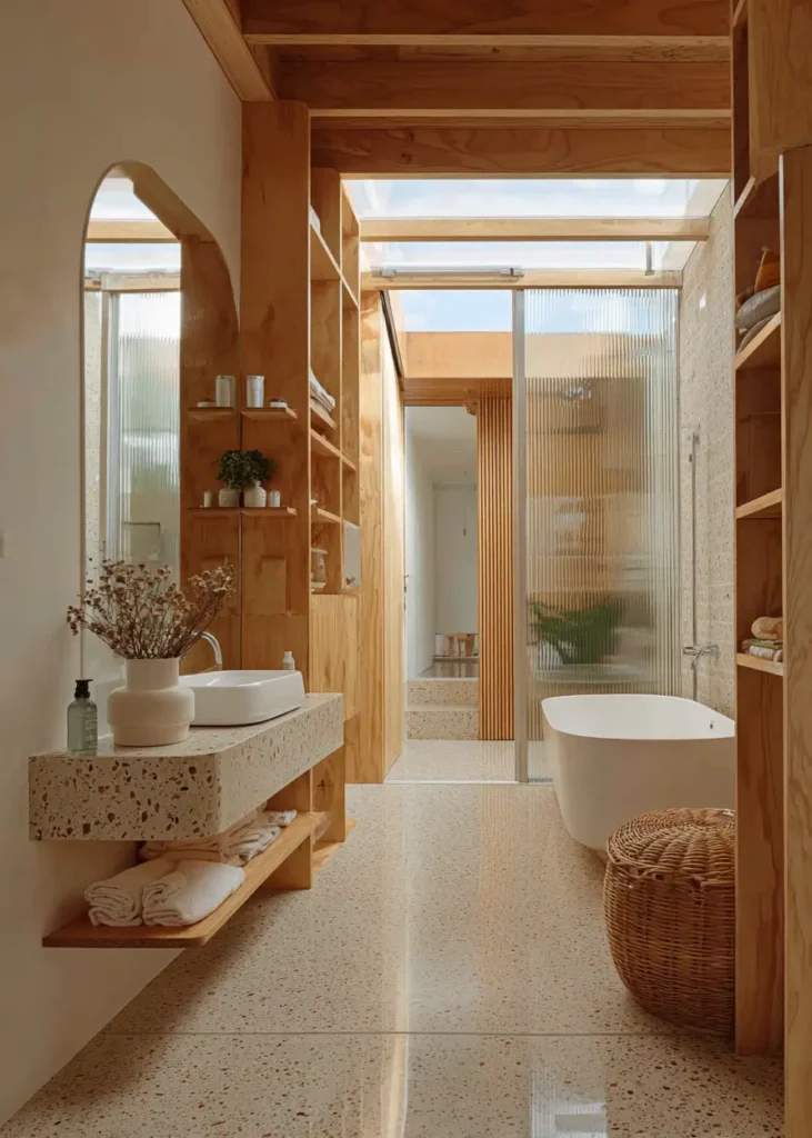 46 Scandinavian Bathroom Design Ideas for a Serene Sanctuary 4 Warm plywood cabinetry and skylight in a sun-drenched Scandinavian bathroom with terrazzo floors.