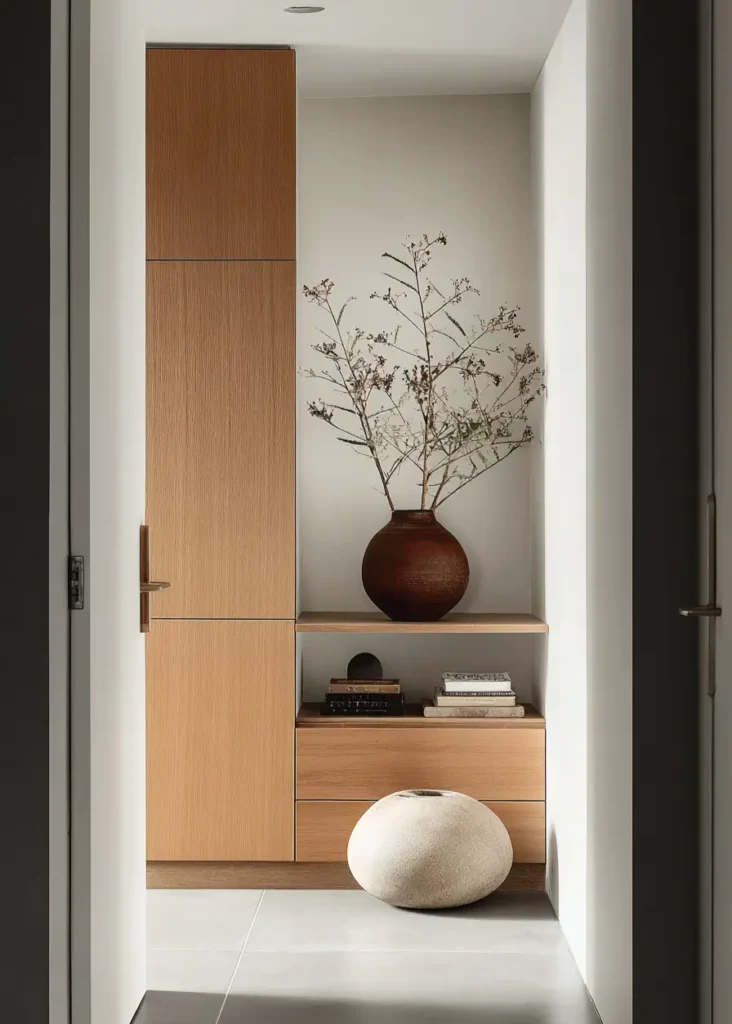 A contemporary Scandinavian entryway nook with light wood built-in storage, a terracotta vase, and grey floor tiles.