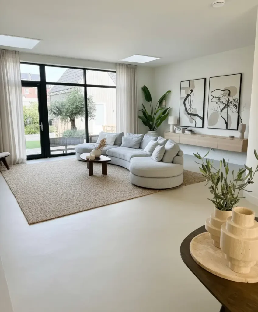A bright Japandi living room with a curved white sofa, a large jute rug, and black-framed windows.