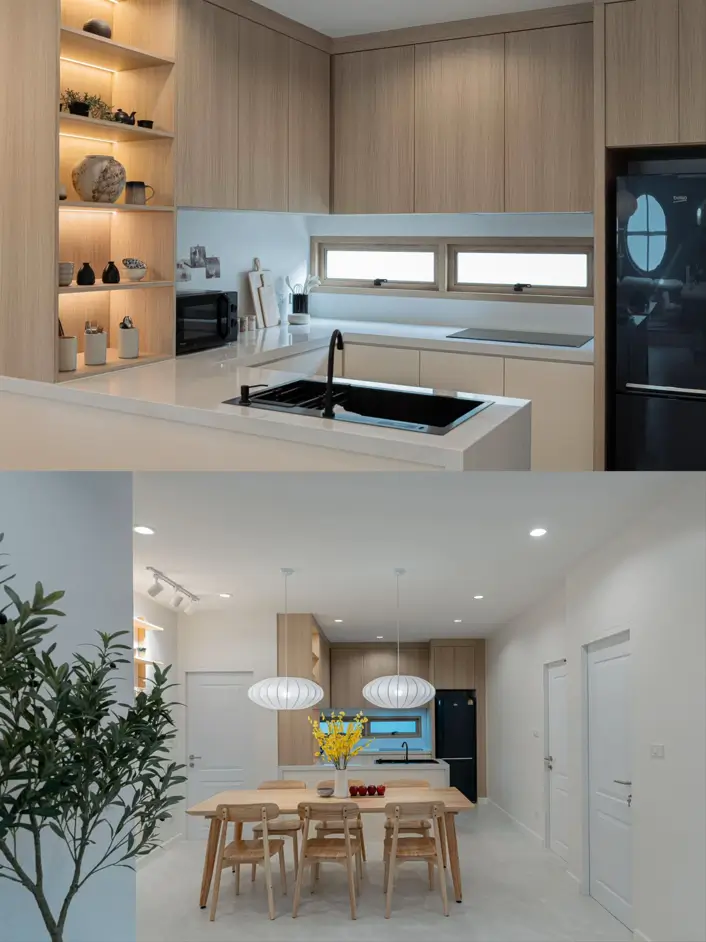 A Japanese inspired kitchen and dining room with light wood cabinets, a matching table, and paper pendant lights.