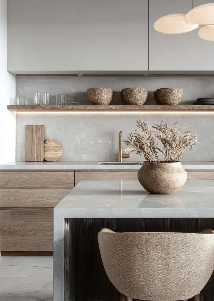 Kitchen design Scandinavian style featuring layered grey tones and warm wood shelves.