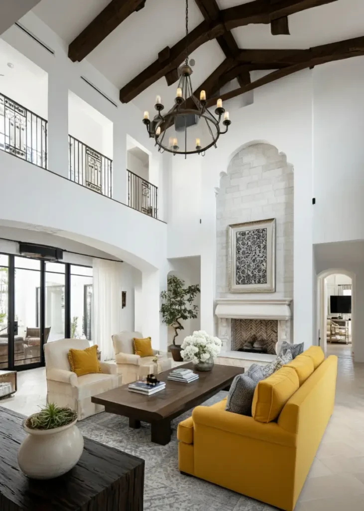 46 Modern Mediterranean Living Room Design Ideas 22 Modern Mediterranean living room with mustard yellow sofa and wrought iron chandelier.