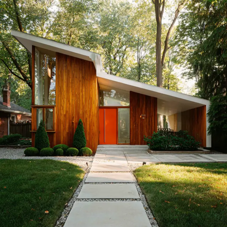 37 Mid Century Modern House Exteriors to Inspire Your Renovation 22 A mid century modern home exterior with a dramatic sloped roof, vertical wood siding, and a bright orange door.