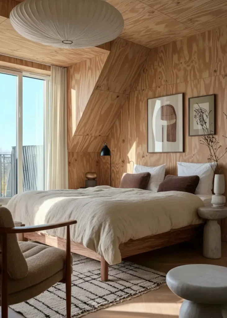 47 Scandinavian Bedroom Interior Design Ideas for a Serene Retreat 22 A modern Scandinavian bedroom in an attic space with plywood-paneled walls and ceiling, a wood bed, and a large paper pendant light.