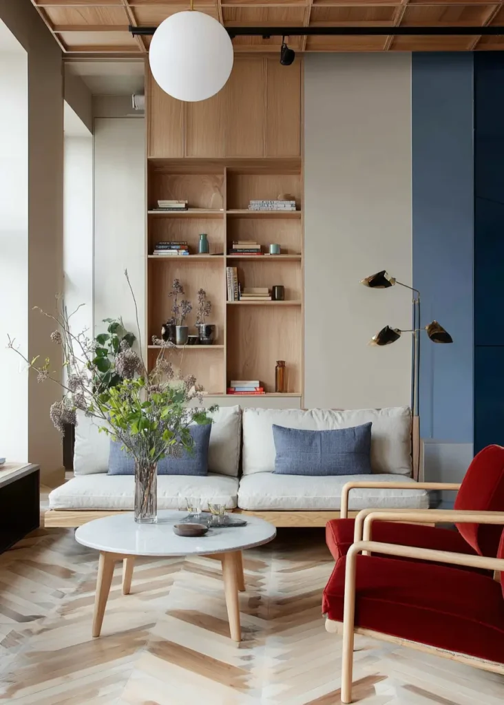 35 Scandinavian Living Room Ideas for a Cozy, Minimalist Home 22 Dynamic multi-tone chevron wood floor pattern in a modern Scandinavian living room with red velvet chairs.