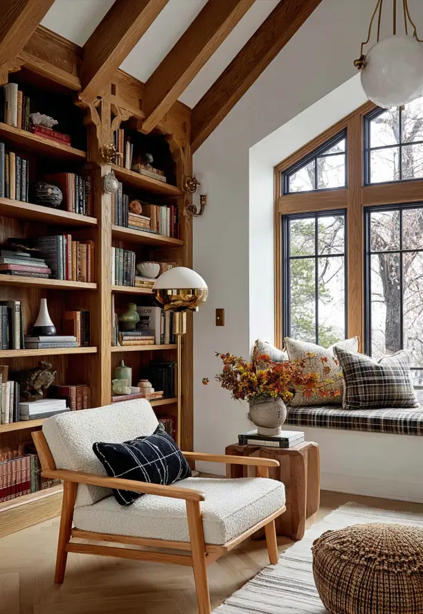 Modern Tudor Interior Design: A Definitive Guide 22 A modern Tudor library nook with light wood, carved built-in shelving, exposed beams, and a bright window seat.