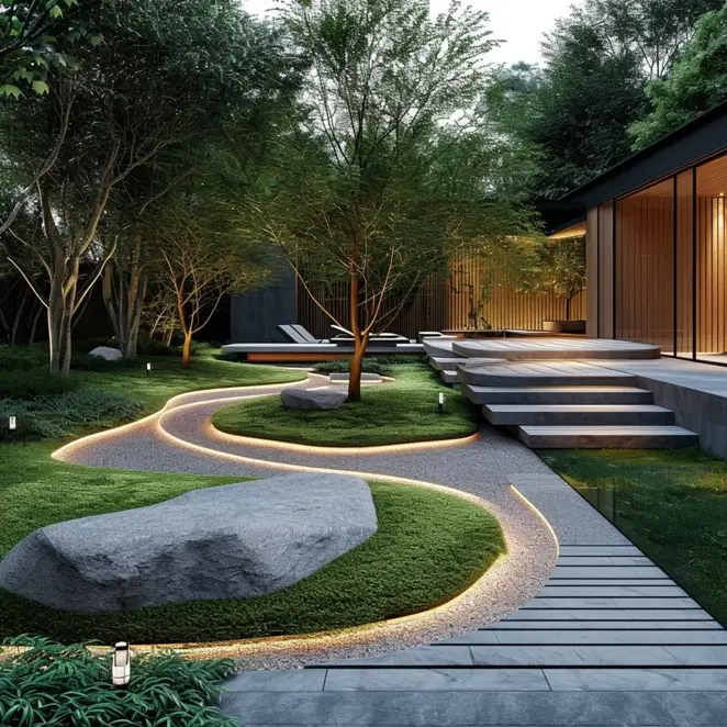 Modern zen garden design with an illuminated gravel path flowing through moss beds at dusk.